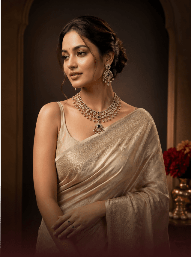 Jewellery try-on model wearing a necklace and earrings